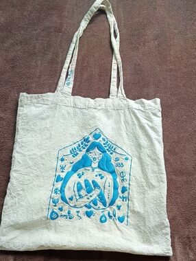Cream Canvas Tote with Bright Blue Illustrated Print